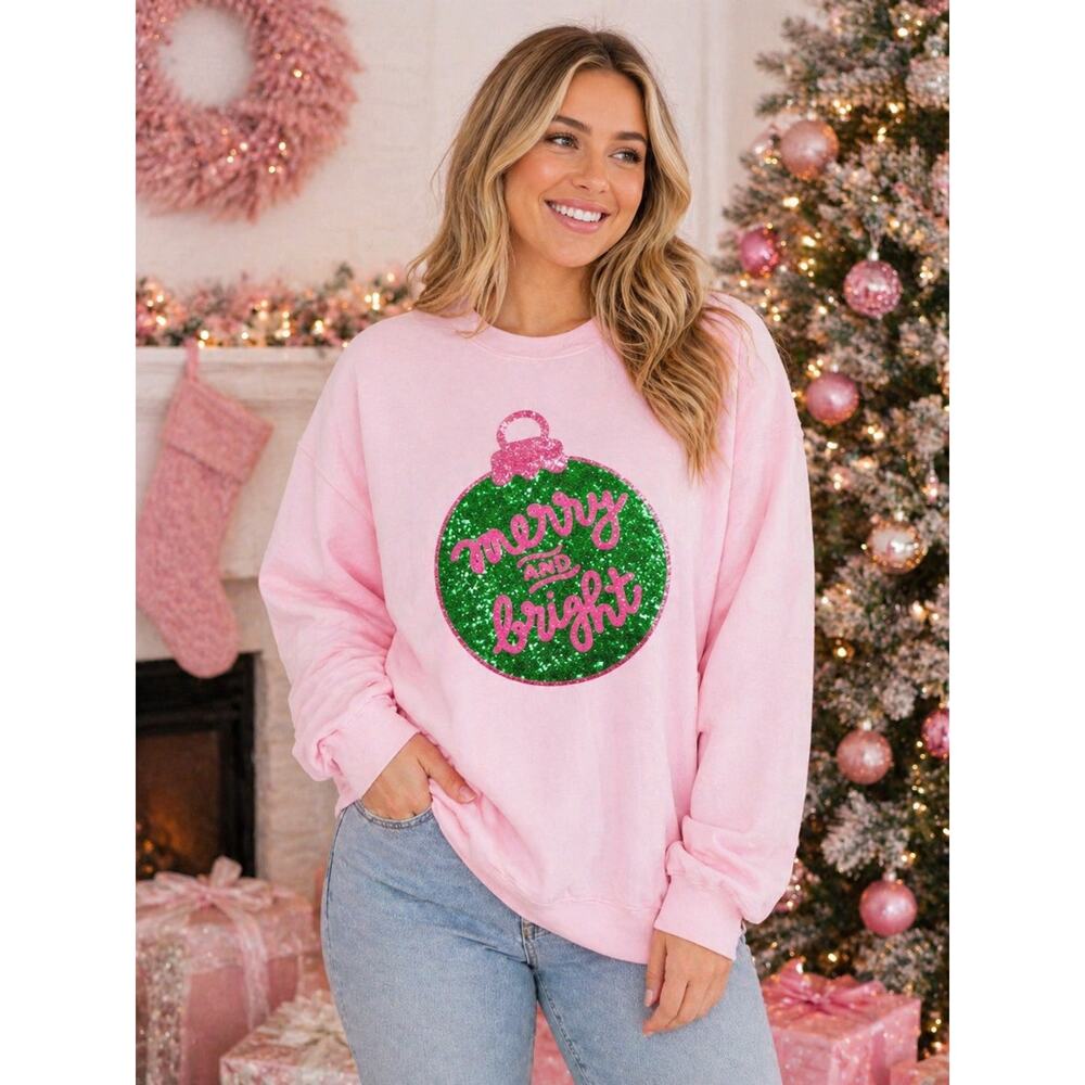 NEW Keep It Gypsy Bubblegum Pink Merry Bright Sweatshirt Christmas Graphic Girly